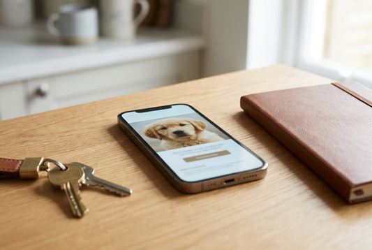 Phone showing an online puppy listing with a payment button — the set-up behind most puppy scams