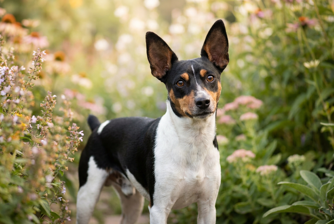 Tricolor Rat Terrier standing alert in a garden