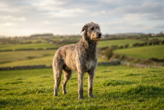 Irish Wolfhound on Irish hills — featured in our roundup of native Irish dog breeds, from the Wolfhound to the Setter.