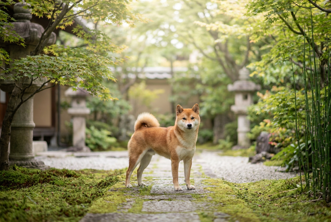 Shiba Inu in a Japanese garden — featured in our roundup of native Japanese dog breeds, the Nihon Ken.