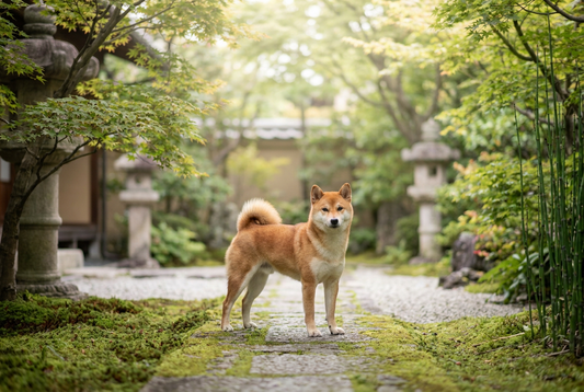 Shiba Inu in a Japanese garden — featured in our roundup of native Japanese dog breeds, the Nihon Ken.