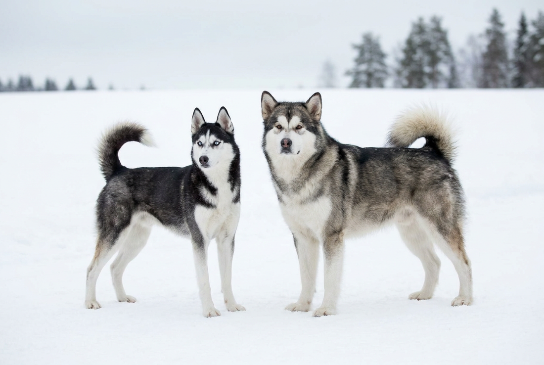 Siberian Husky and Alaskan Malamute side by side on snow, showing the size and build difference between the two arctic sled breeds