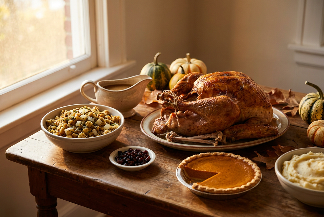 Thanksgiving table with roast turkey, bones, stuffing with onions, gravy, raisins and pie — the holiday foods that put dogs at risk