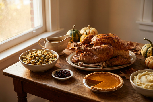 Thanksgiving table with roast turkey, bones, stuffing with onions, gravy, raisins and pie — the holiday foods that put dogs at risk