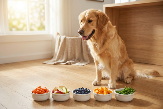Golden Retriever with bowls of dog-safe foods — carrots, apples, blueberries, pumpkin and green beans — the complete what-can-dogs-eat guide