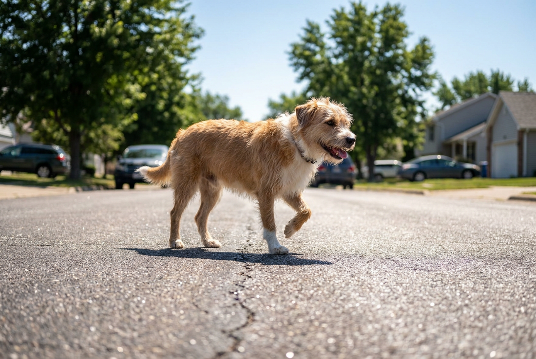 Dog lifting a paw on hot summer pavement — illustrating paw-burn risk and the 7-second pavement temperature test