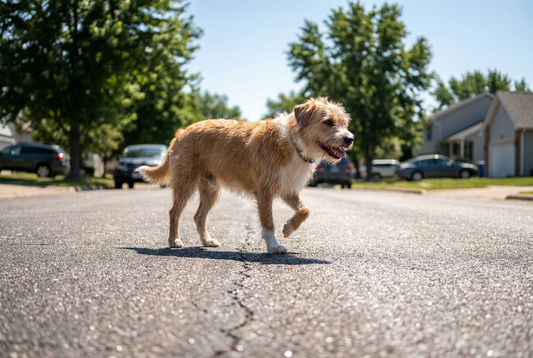 Dog lifting a paw on hot summer pavement — illustrating paw-burn risk and the 7-second pavement temperature test