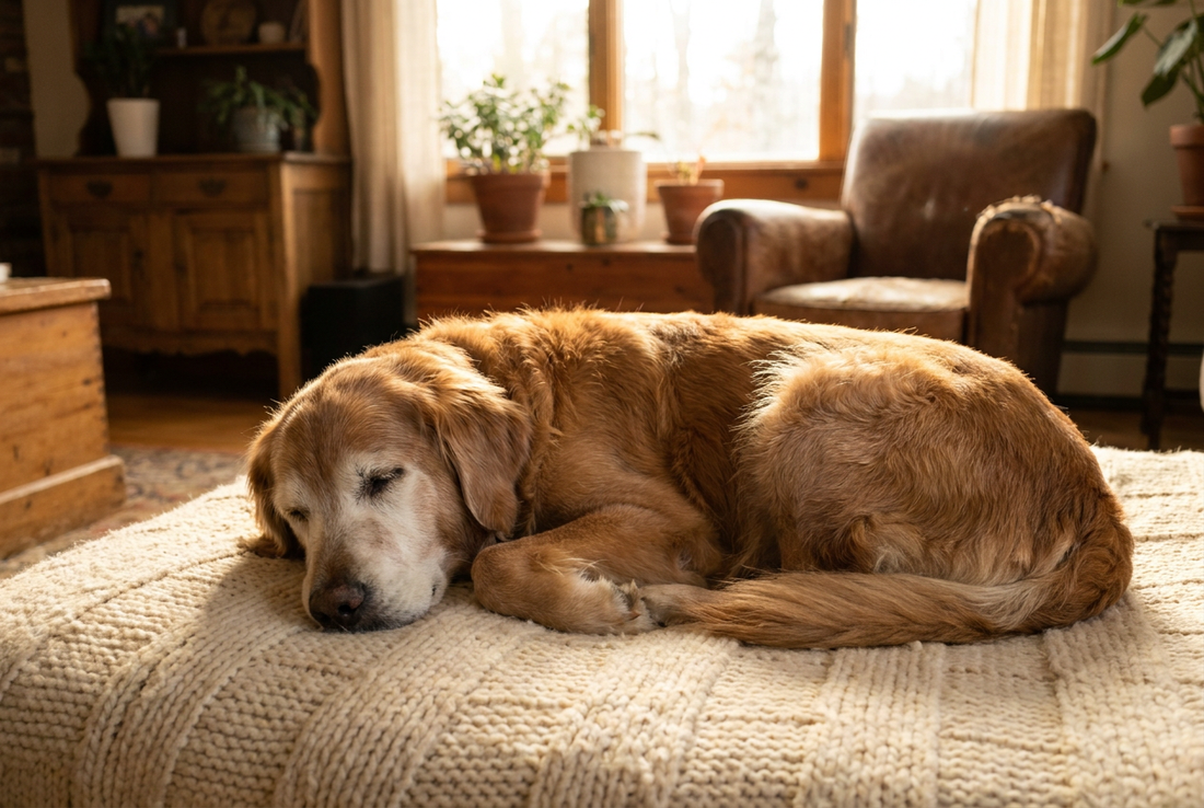 Elderly dog resting peacefully on a soft blanket in warm light