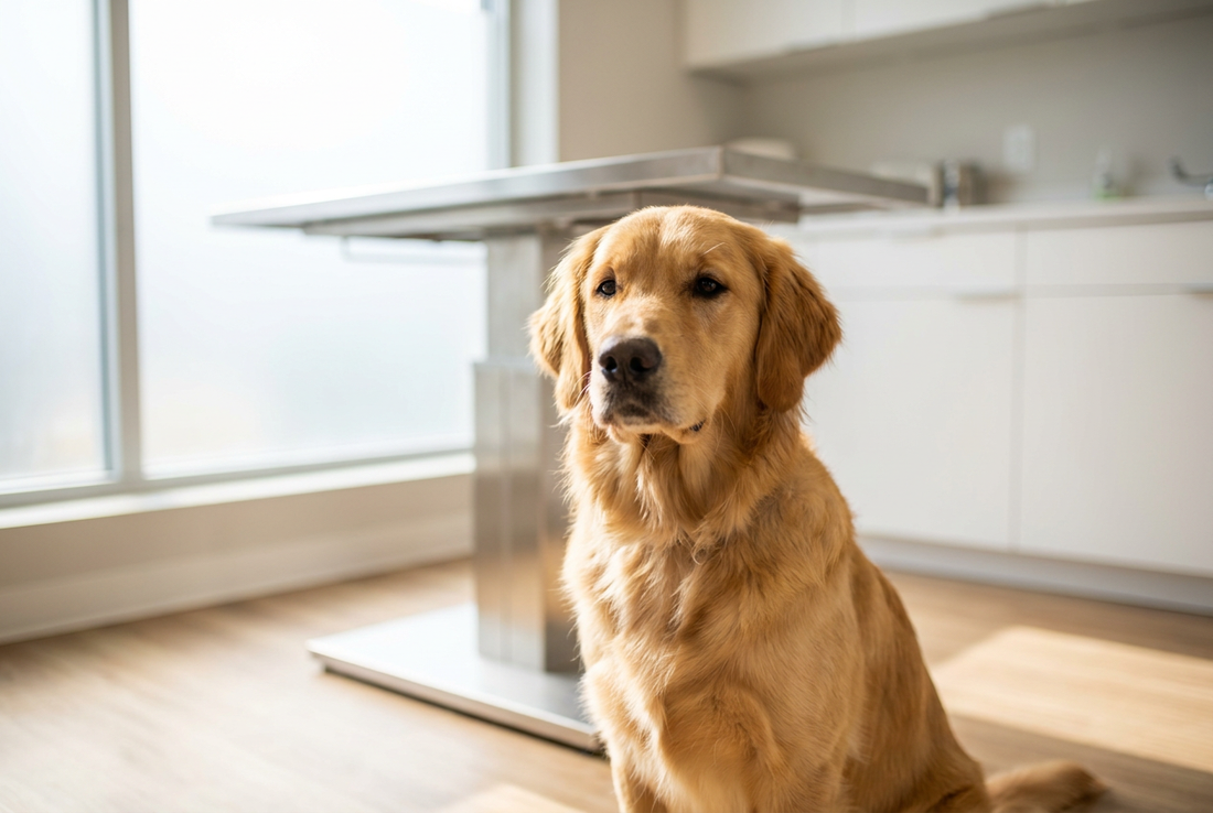Young Golden Retriever sitting calmly in a bright veterinary exam room
