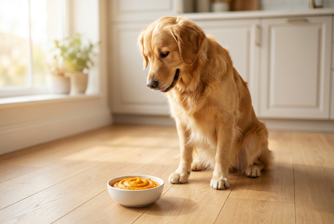 Golden Retriever next to a bowl of pumpkin puree in a sunlit kitchen — a digestive aid rich in fiber for dogs